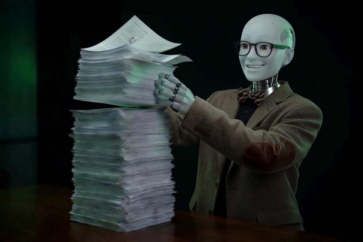 AI verification — a humanoid robot reviewing a stack of documents